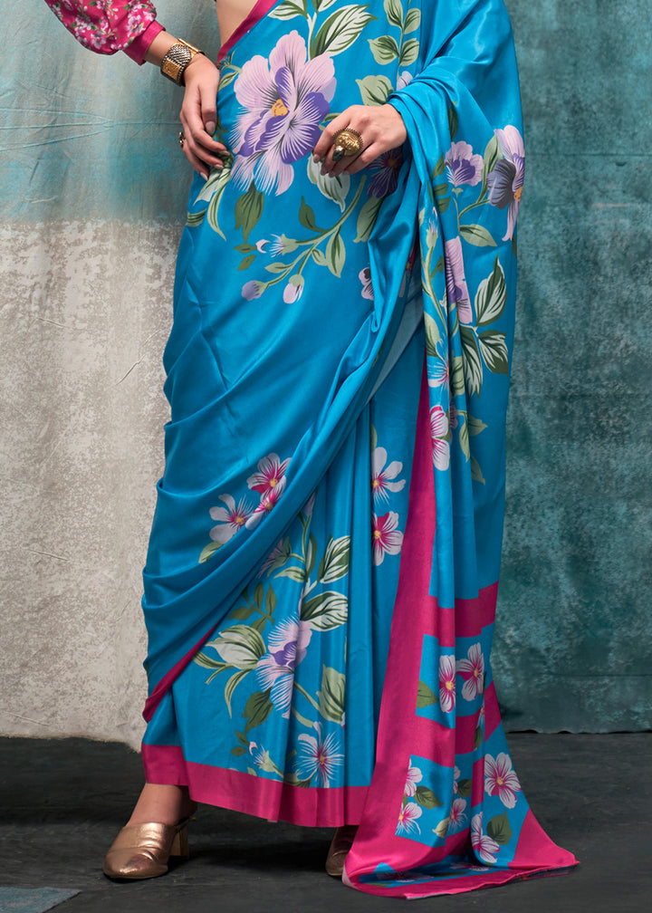 Dodger Blue Designer Printed Silk Crepe Saree