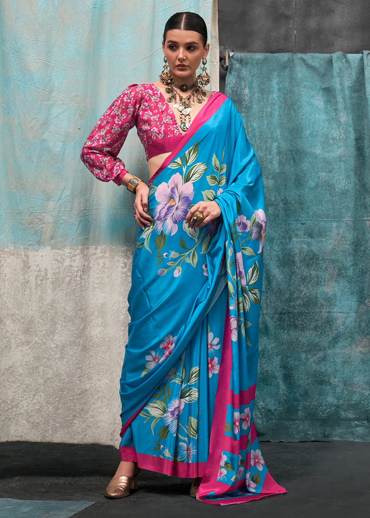 Dodger Blue Designer Printed Silk Crepe Saree