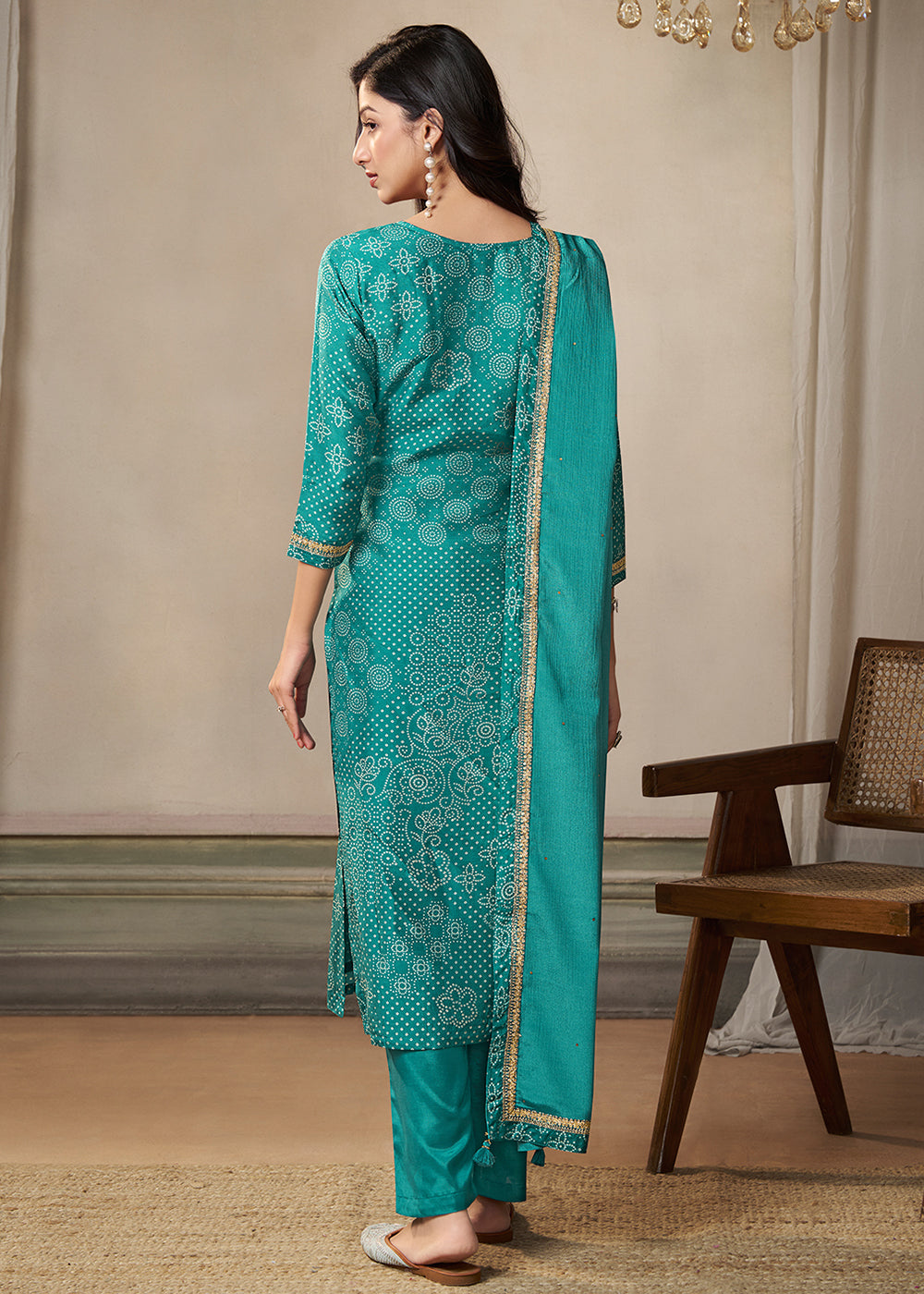 Turquoise Green Dola Silk Bandhni Printed Kurta Suit Set with Embroidery work