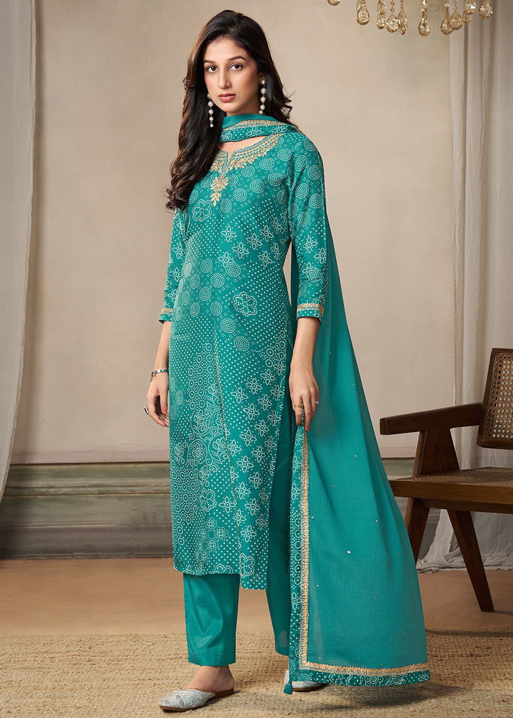 Turquoise Green Dola Silk Bandhni Printed Kurta Suit Set with Embroidery work