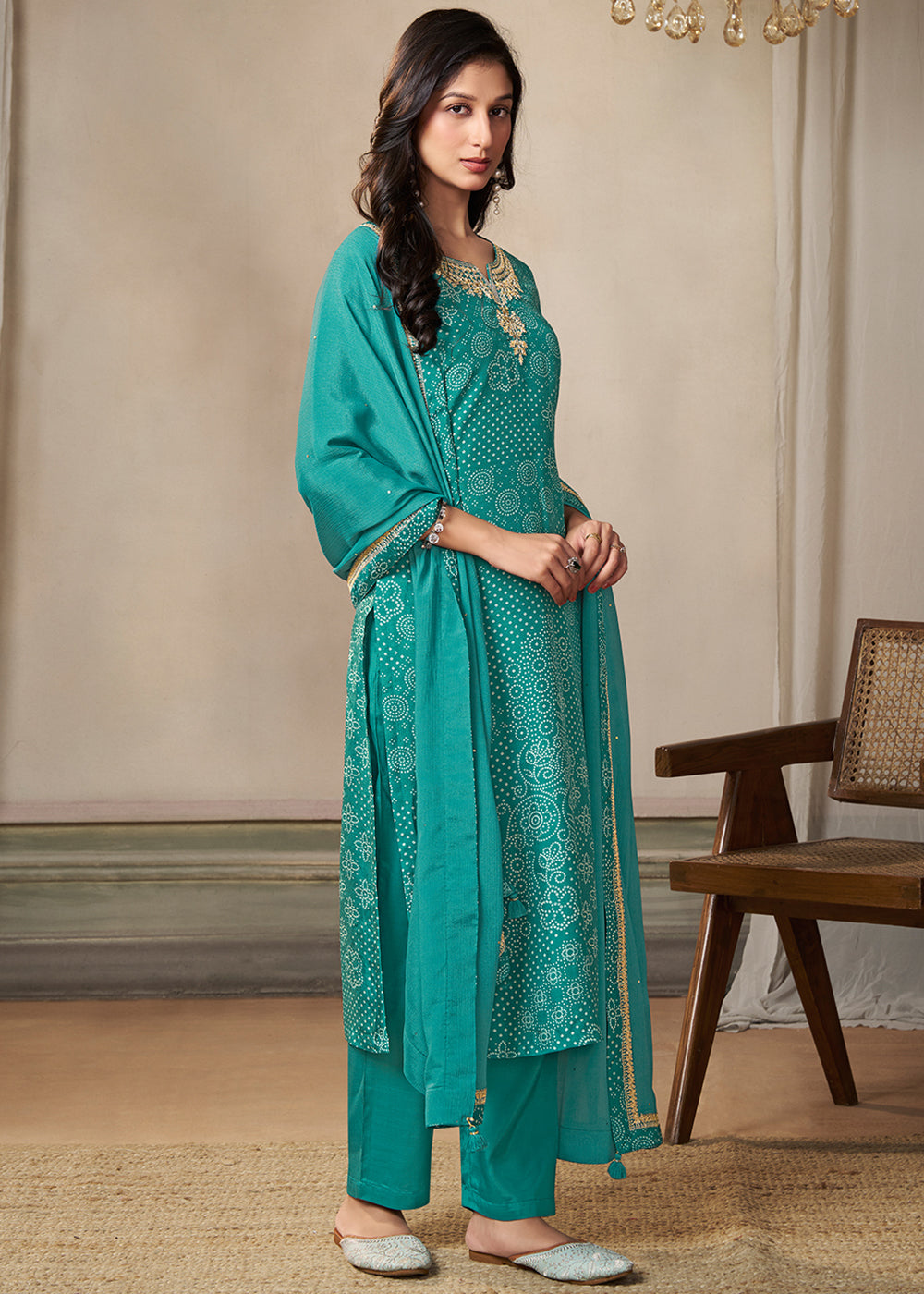 Turquoise Green Dola Silk Bandhni Printed Kurta Suit Set with Embroidery work