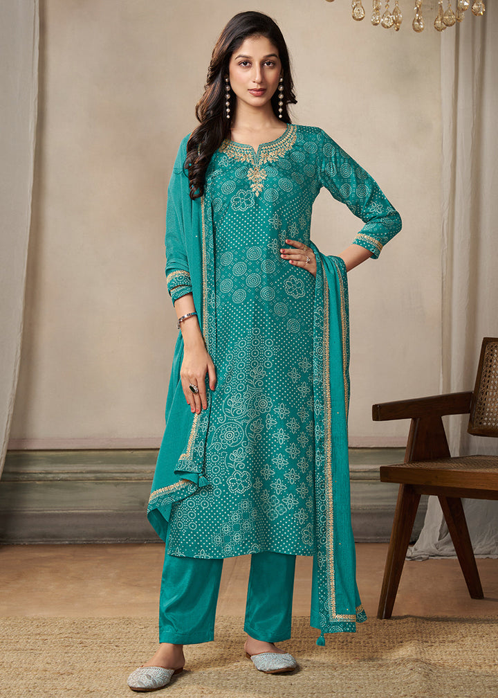 Turquoise Green Dola Silk Bandhni Printed Kurta Suit Set with Embroidery work