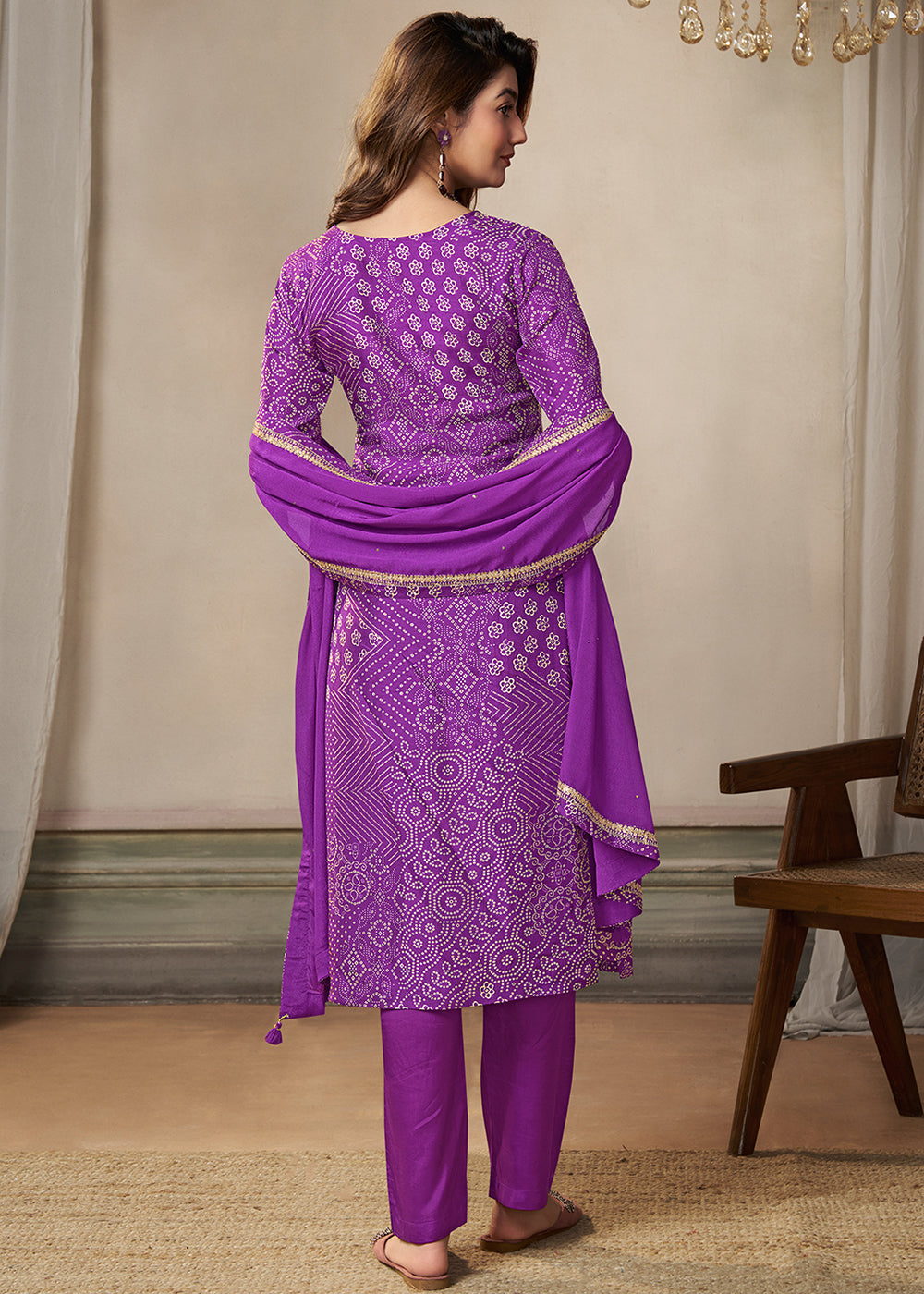 Munsell Purple Dola Silk Bandhni Printed Kurta Suit Set with Embroidery work