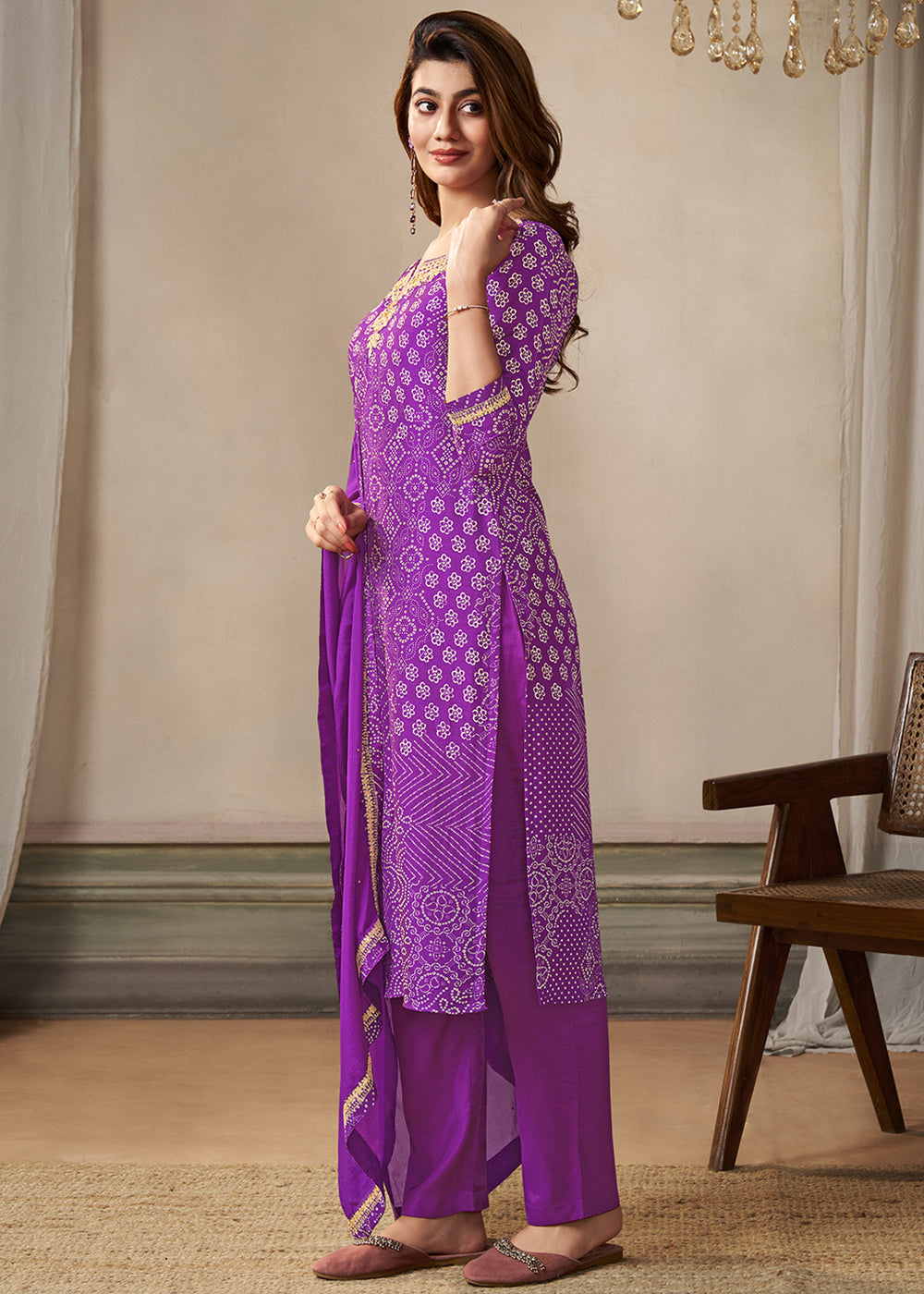 Munsell Purple Dola Silk Bandhni Printed Kurta Suit Set with Embroidery work