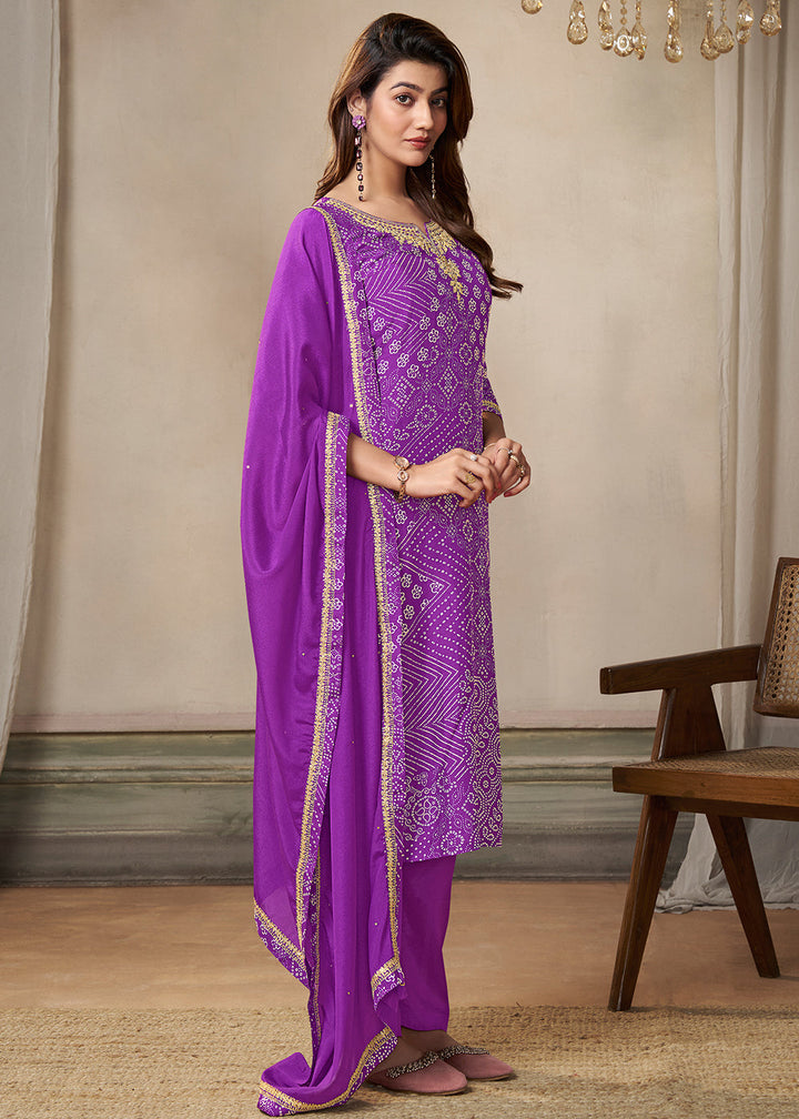 Munsell Purple Dola Silk Bandhni Printed Kurta Suit Set with Embroidery work