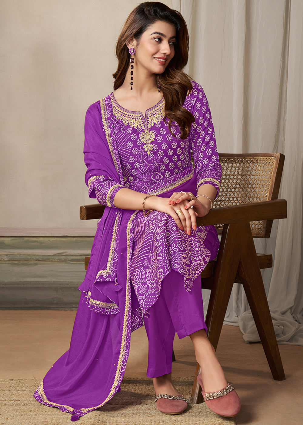 Munsell Purple Dola Silk Bandhni Printed Kurta Suit Set with Embroidery work