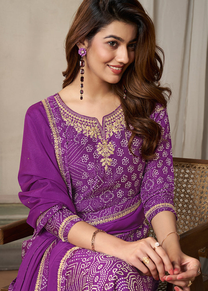 Munsell Purple Dola Silk Bandhni Printed Kurta Suit Set with Embroidery work