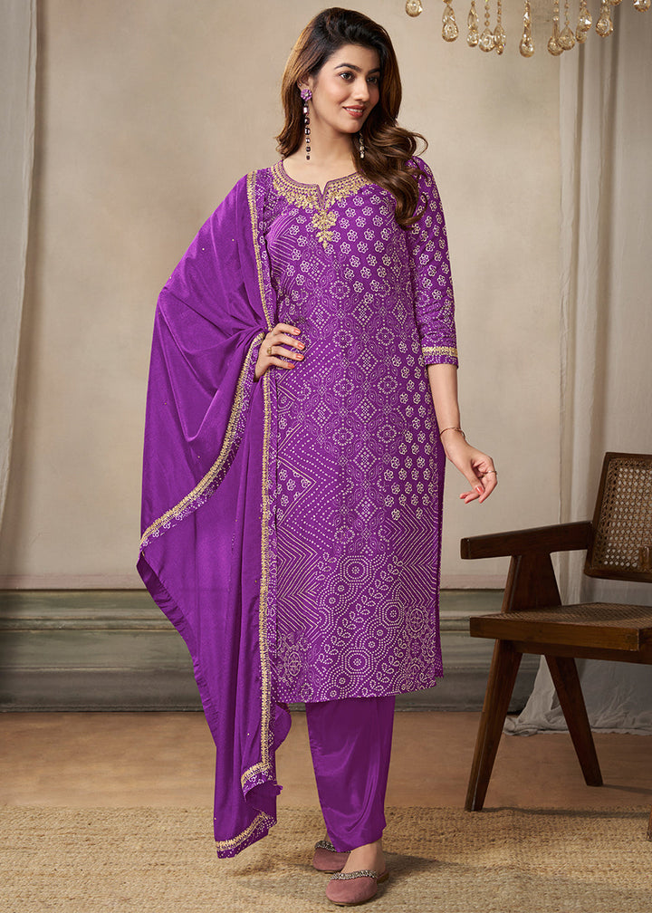 Munsell Purple Dola Silk Bandhni Printed Kurta Suit Set with Embroidery work