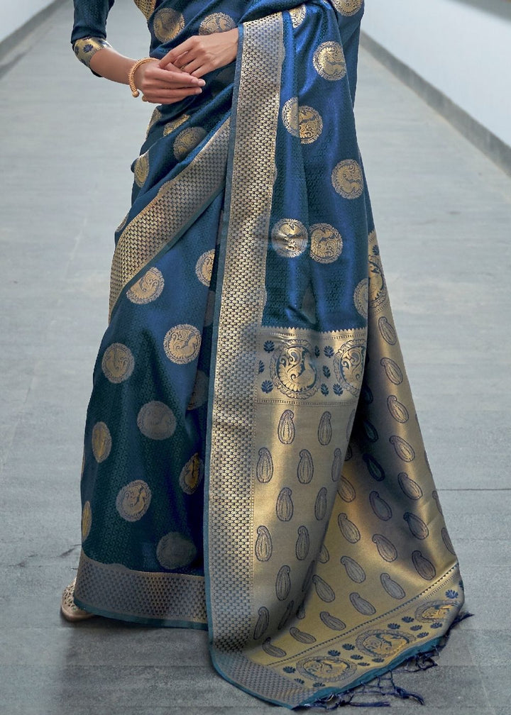 Aegean Blue Woven Banarasi Silk Saree with overall Butti