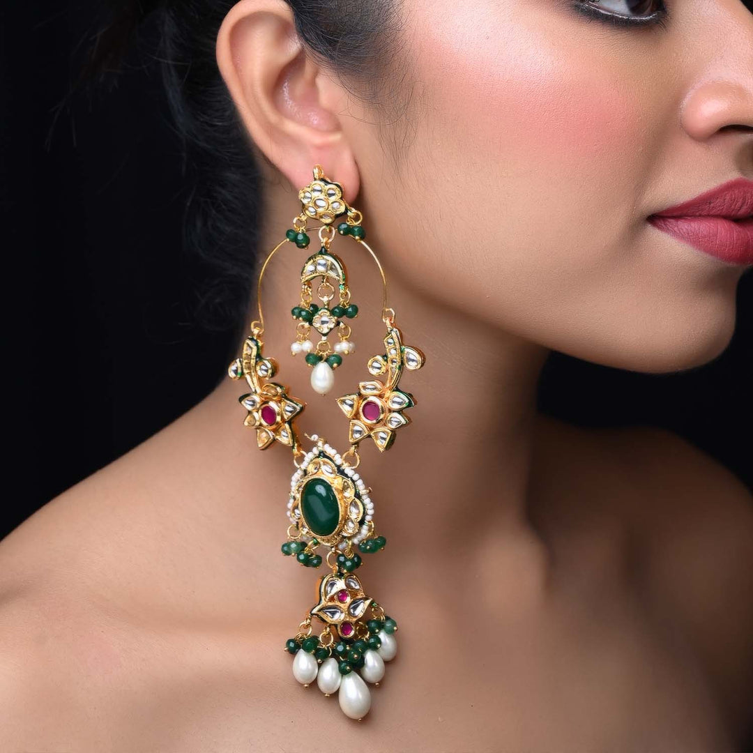 Prachi Long Kundan Earrings With Green Stone