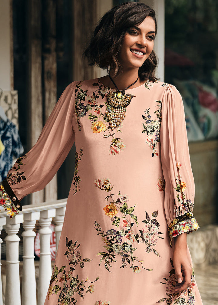 Light Peach Pink Digitally Printed Viscose Crepe Designer Straight Suit