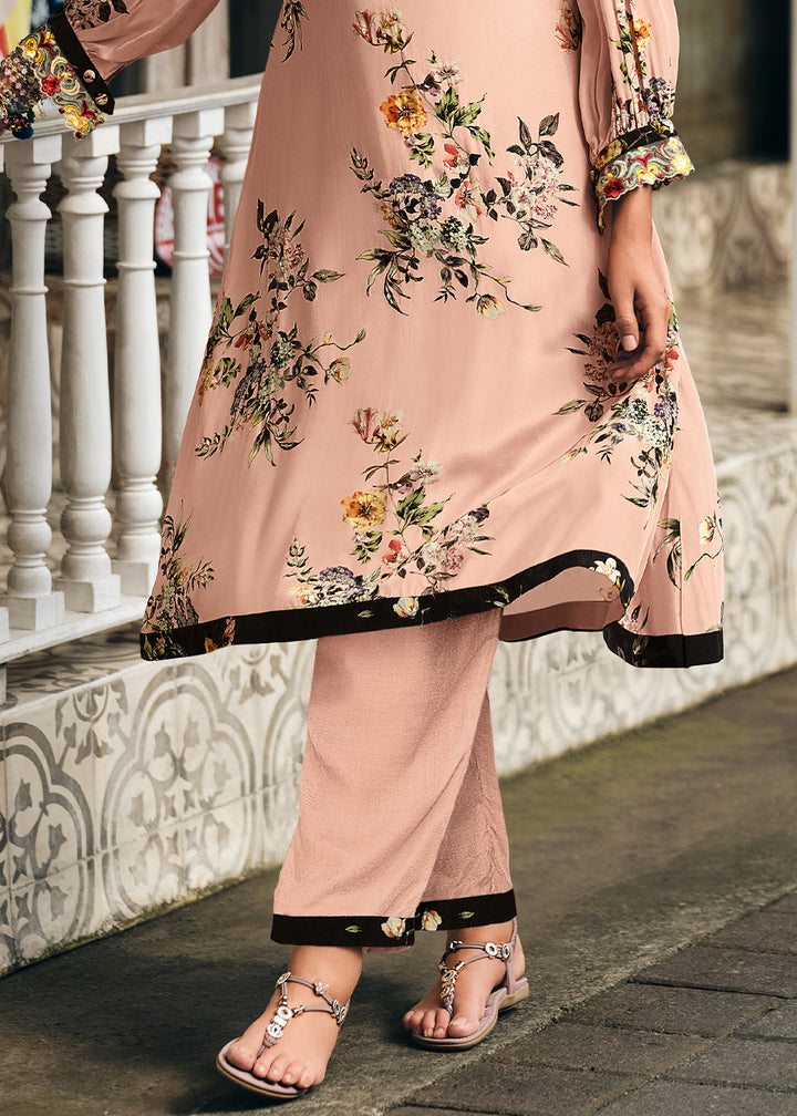 Light Peach Pink Digitally Printed Viscose Crepe Designer Straight Suit