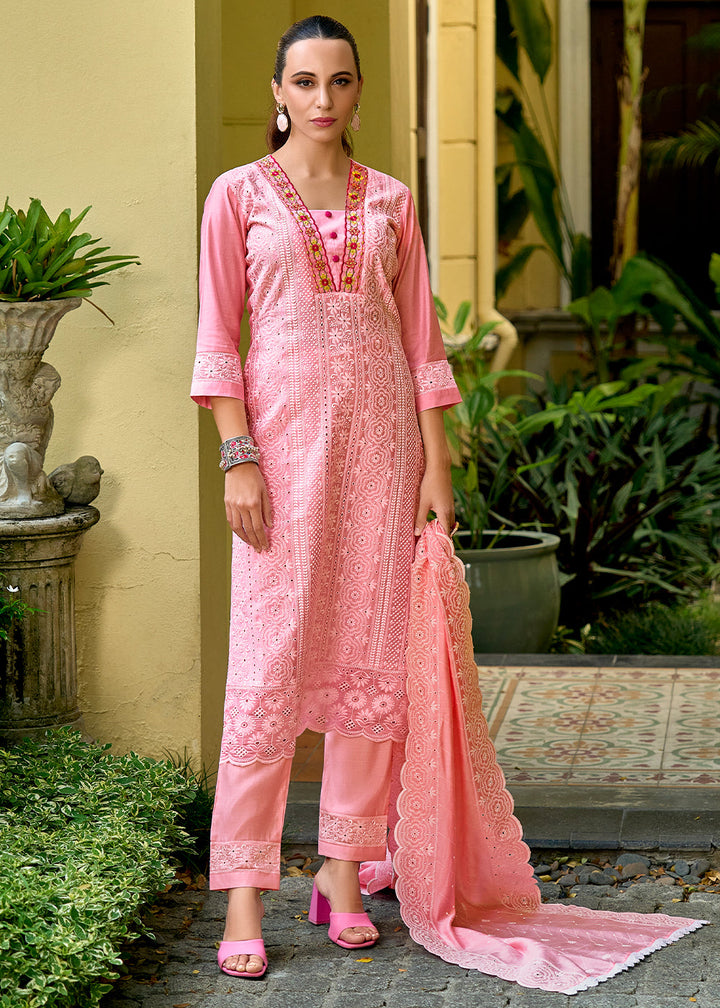 French Pink Silk Kurta with Schiffli Detailing