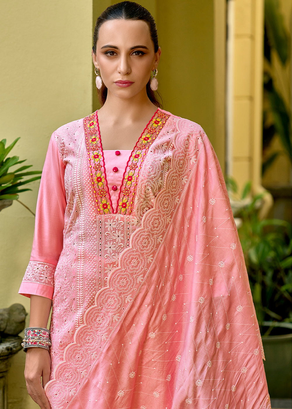 French Pink Silk Kurta with Schiffli Detailing