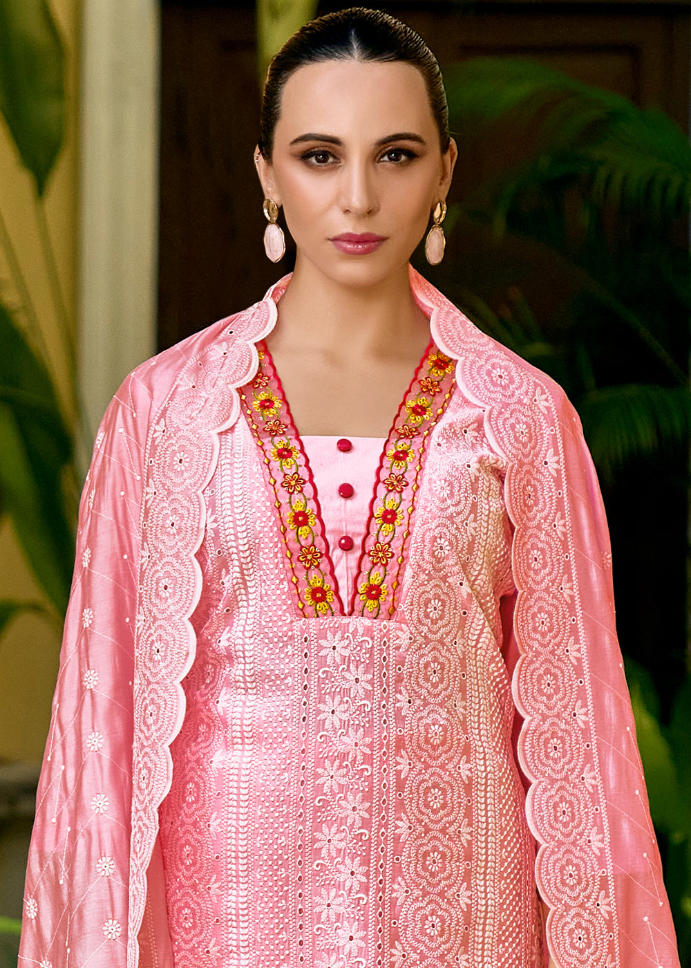 French Pink Silk Kurta with Schiffli Detailing