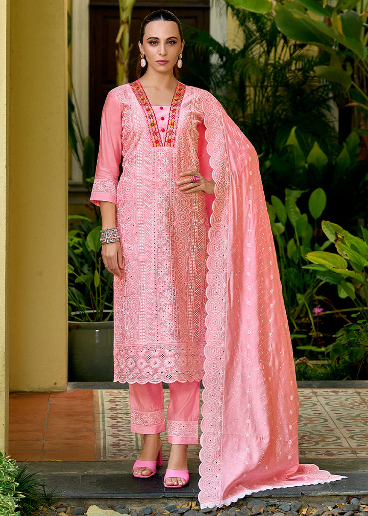 French Pink Silk Kurta with Schiffli Detailing