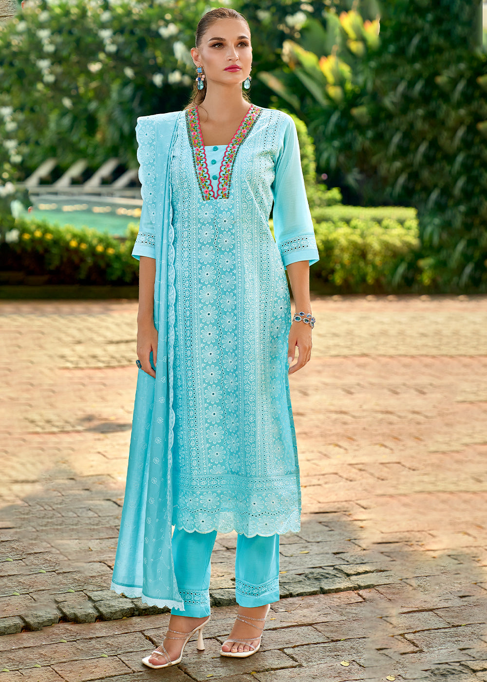 Sky Blue Silk Kurta with Schiffli Detailing