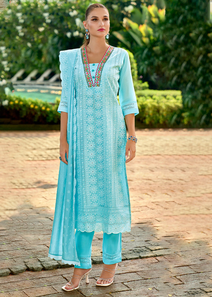 Sky Blue Silk Kurta with Schiffli Detailing