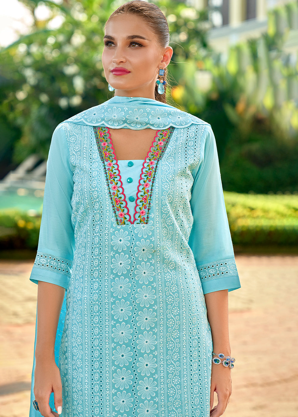 Sky Blue Silk Kurta with Schiffli Detailing