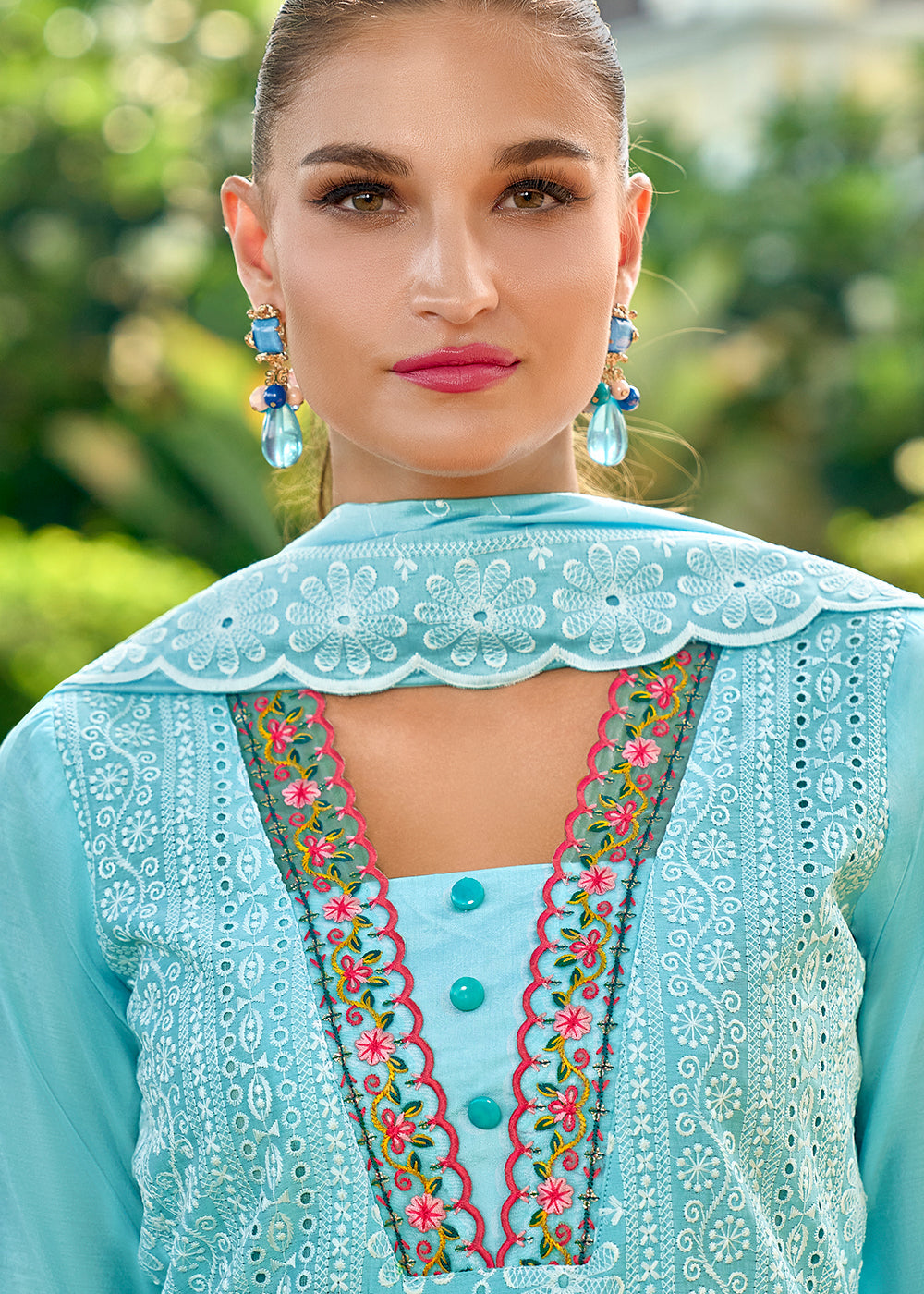 Sky Blue Silk Kurta with Schiffli Detailing