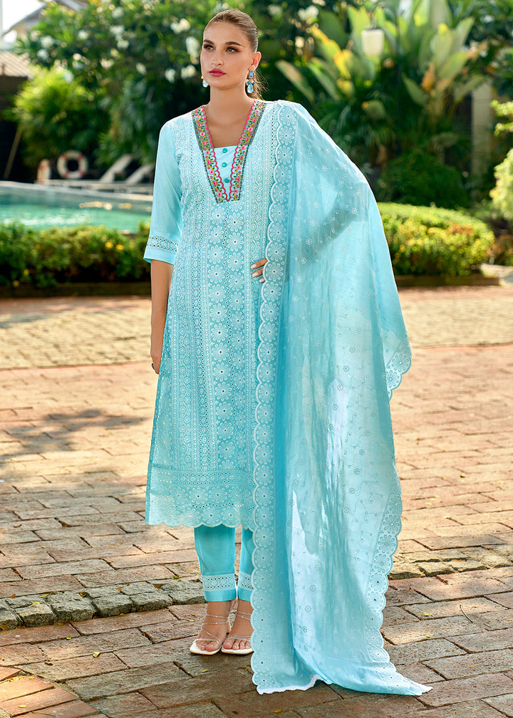 Sky Blue Silk Kurta with Schiffli Detailing