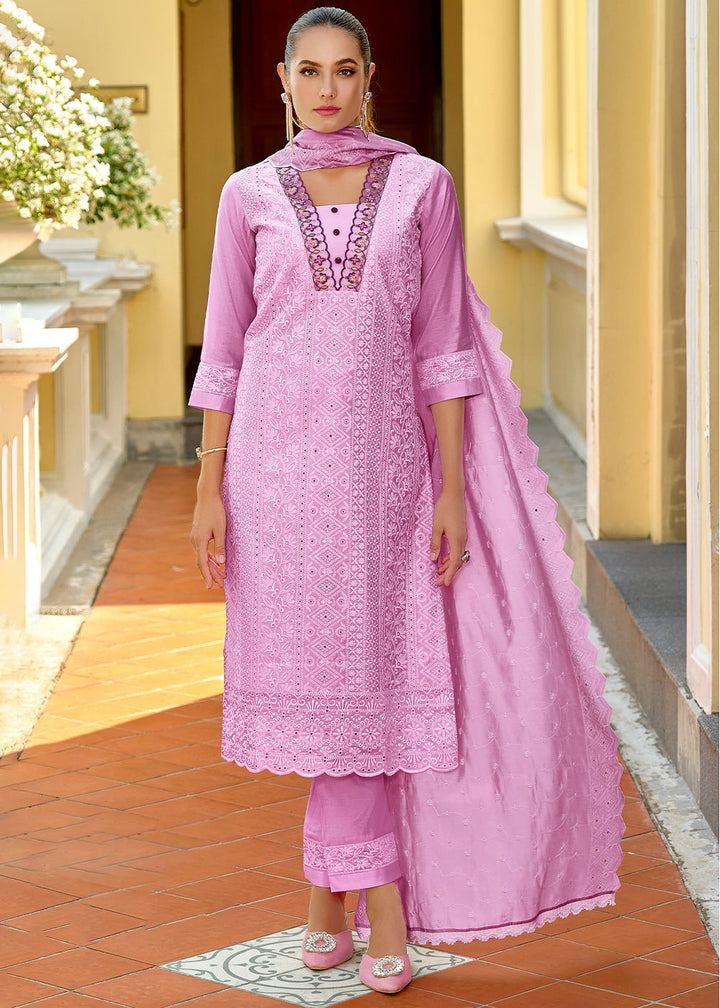 Heliotrope Purple Silk Kurta with Schiffli Detailing