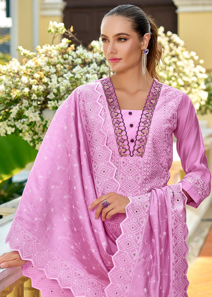 Heliotrope Purple Silk Kurta with Schiffli Detailing