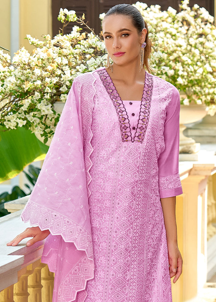 Heliotrope Purple Silk Kurta with Schiffli Detailing