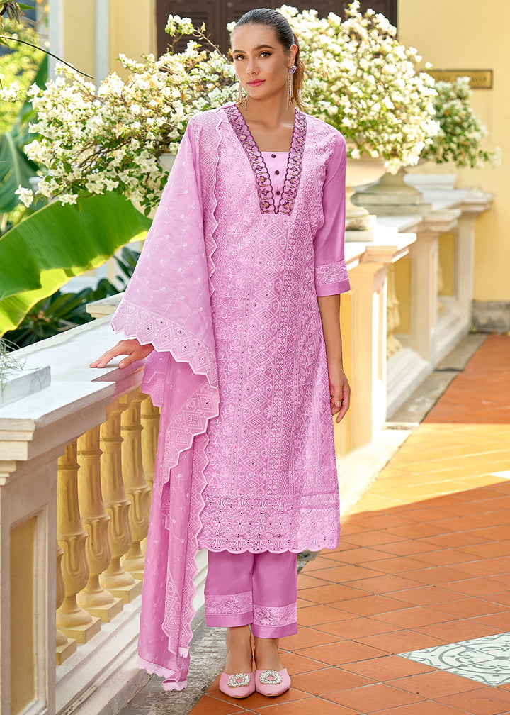 Heliotrope Purple Silk Kurta with Schiffli Detailing