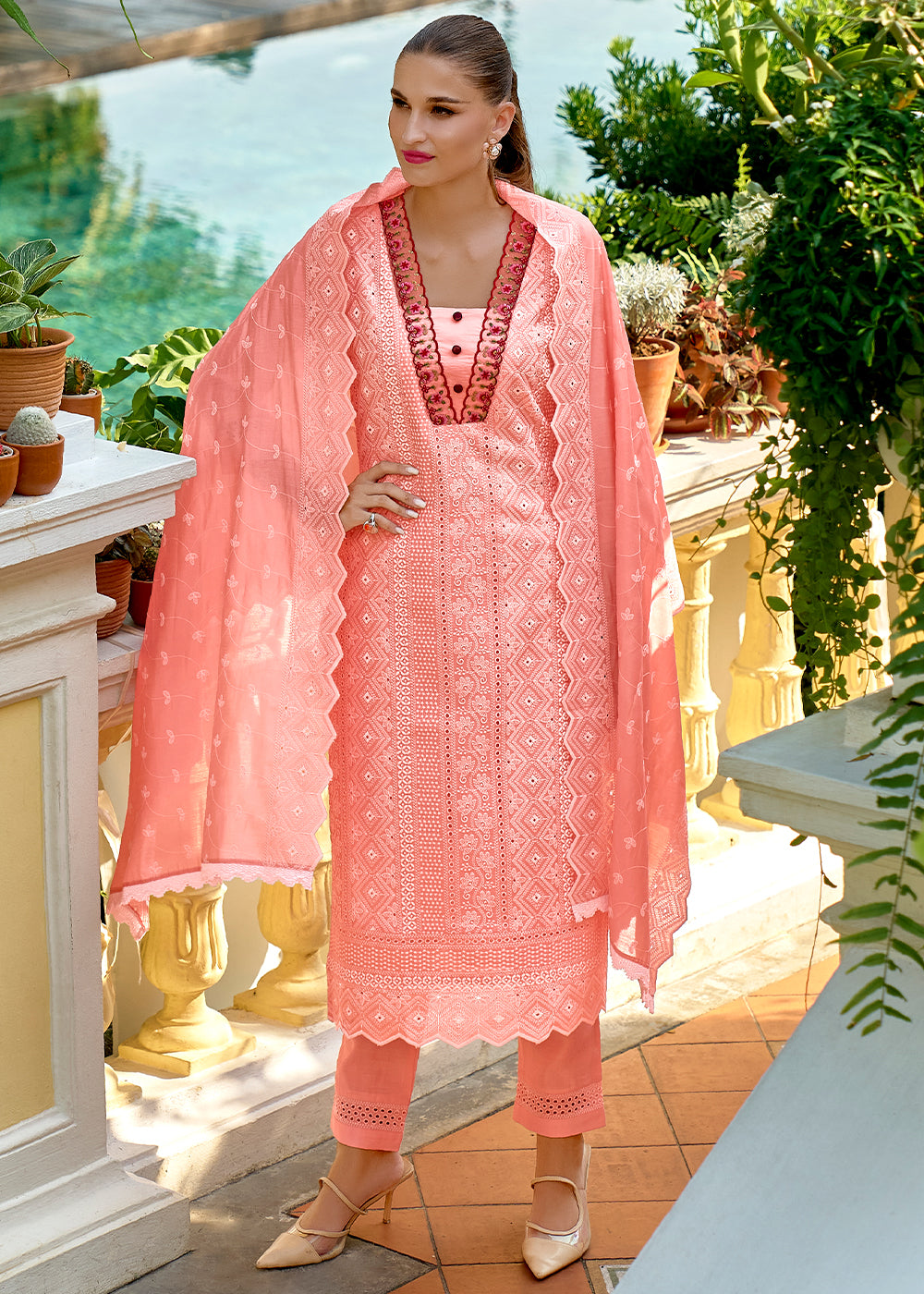 Salmon Orange Silk Kurta with Schiffli Detailing