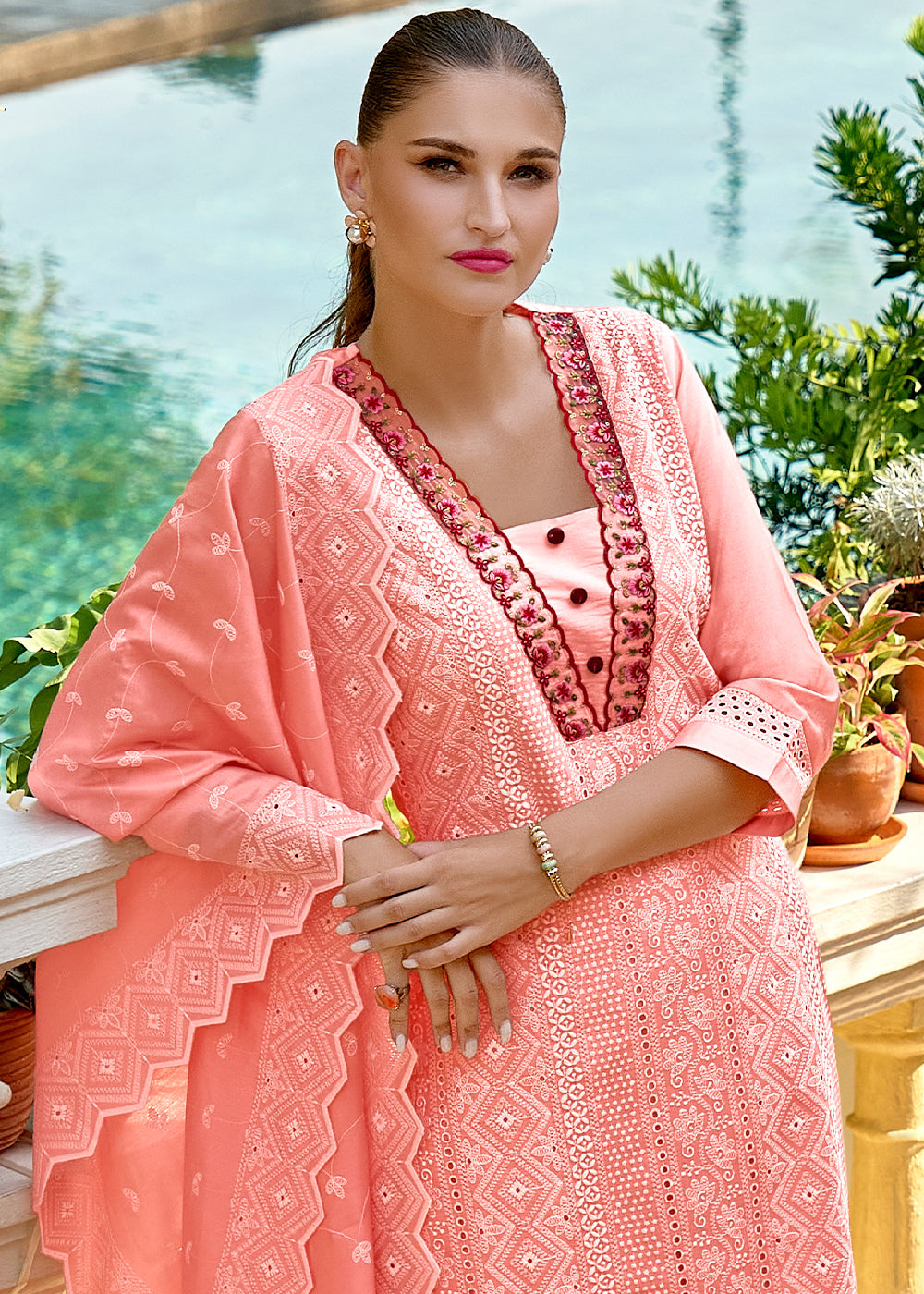 Salmon Orange Silk Kurta with Schiffli Detailing