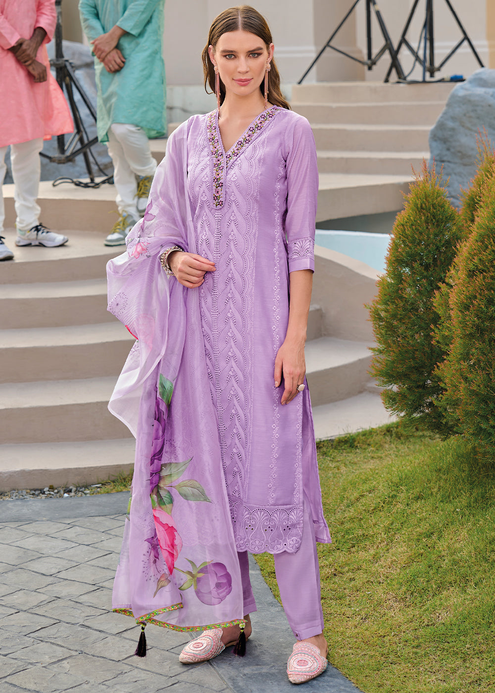 Lavender Purple Chanderi Kurta with Schiffli Detailing and Floral Organza Dupatta