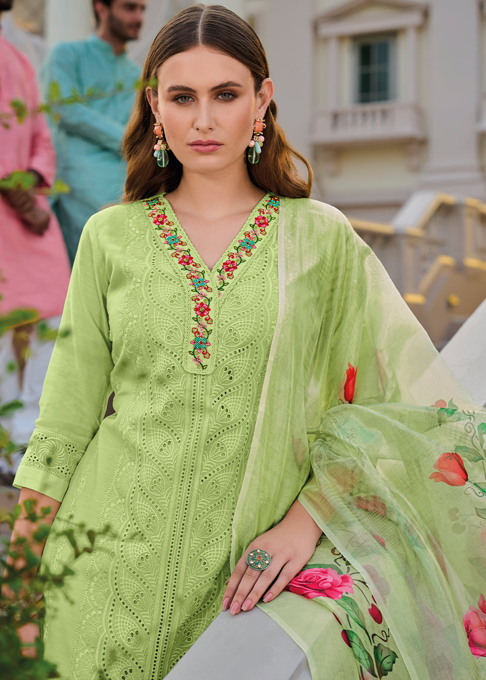 Pastel Green Chanderi Kurta with Schiffli Detailing and Floral Organza Dupatta