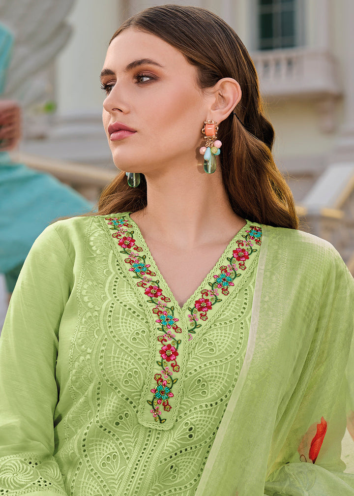 Pastel Green Chanderi Kurta with Schiffli Detailing and Floral Organza Dupatta