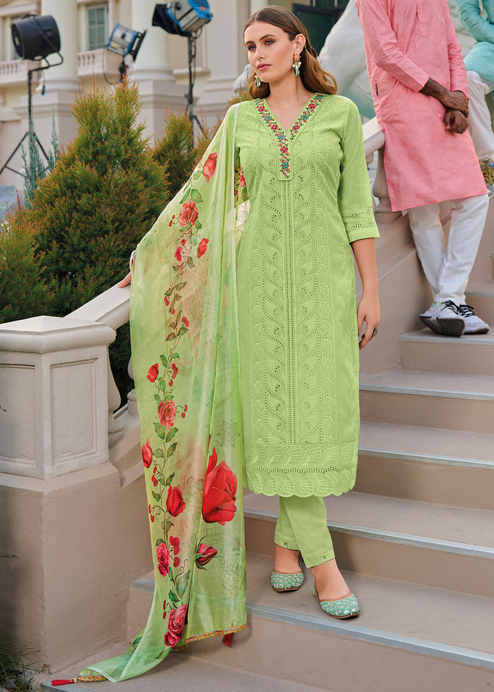 Pastel Green Chanderi Kurta with Schiffli Detailing and Floral Organza Dupatta