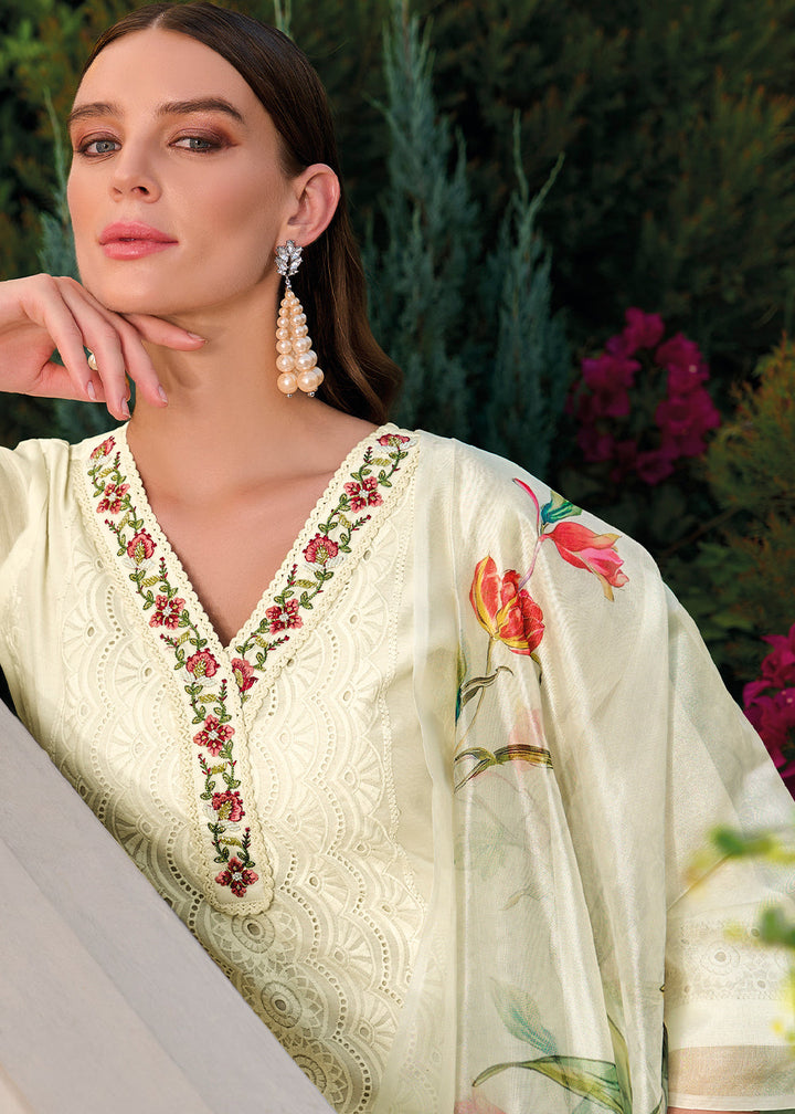 Parchment White Chanderi Kurta with Schiffli Detailing and Floral Organza Dupatta