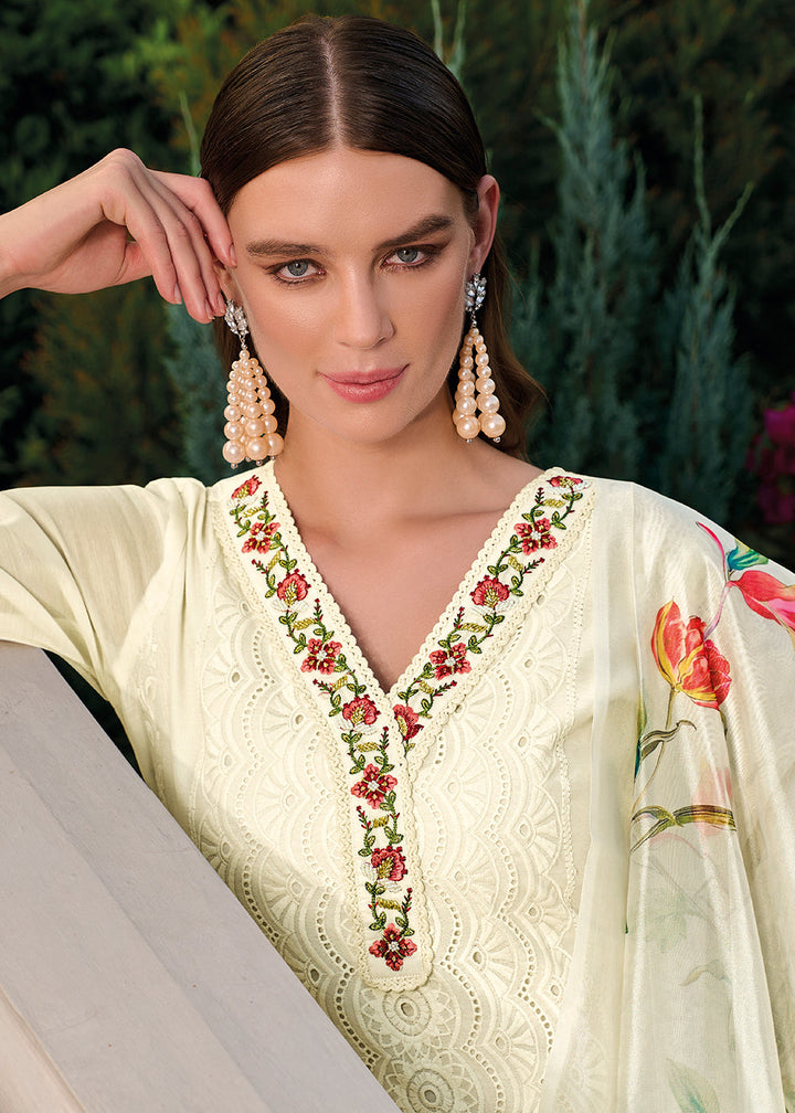 Parchment White Chanderi Kurta with Schiffli Detailing and Floral Organza Dupatta