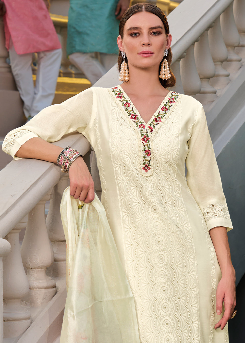 Parchment White Chanderi Kurta with Schiffli Detailing and Floral Organza Dupatta