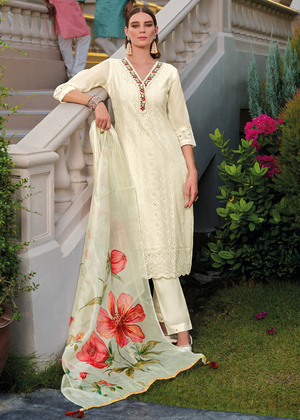 Parchment White Chanderi Kurta with Schiffli Detailing and Floral Organza Dupatta