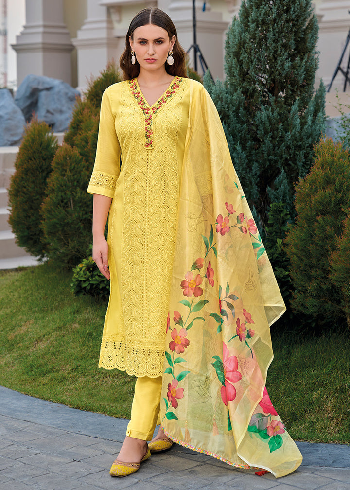 Cadmium Yellow Chanderi Kurta with Schiffli Detailing and Floral Organza Dupatta