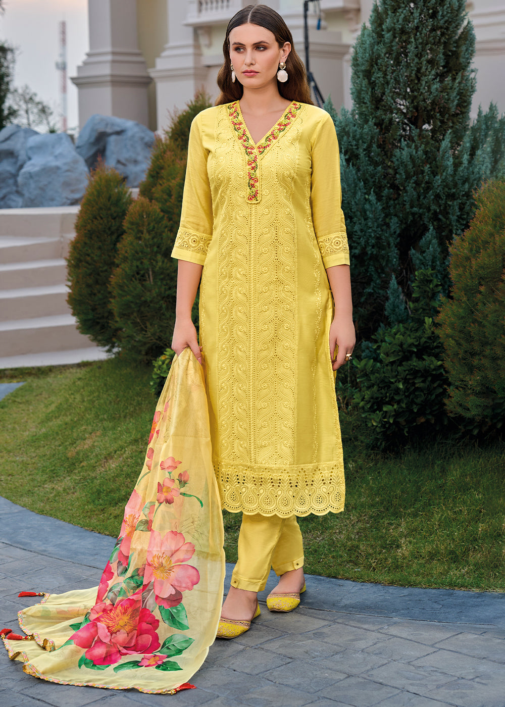 Cadmium Yellow Chanderi Kurta with Schiffli Detailing and Floral Organza Dupatta