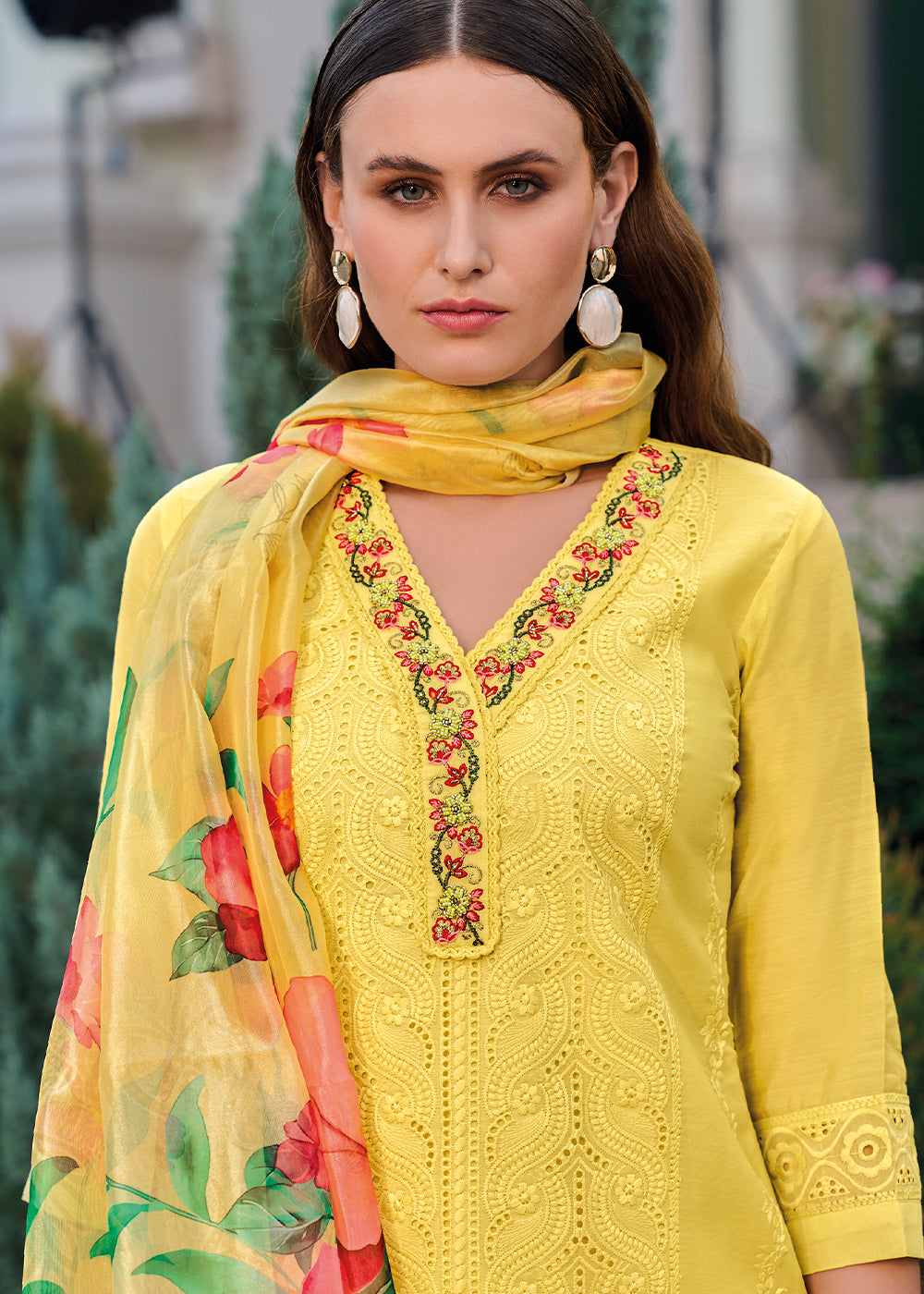 Cadmium Yellow Chanderi Kurta with Schiffli Detailing and Floral Organza Dupatta