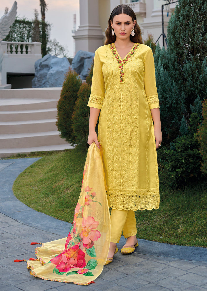 Cadmium Yellow Chanderi Kurta with Schiffli Detailing and Floral Organza Dupatta