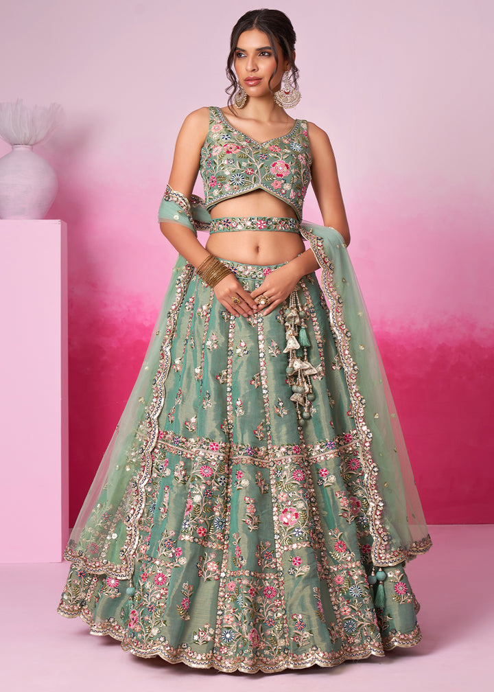 Pistachio Green Net Lehenga Choli Adorned with Moti & Sequins Embroidery Work