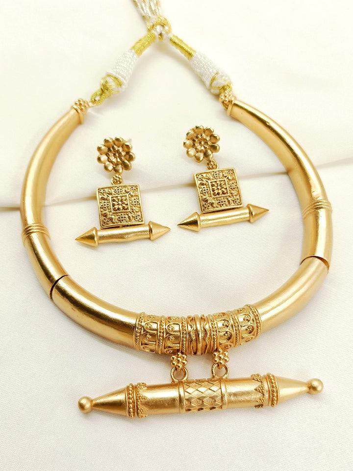 Azma Golden Oxidized Hasli Styled Choker Set - Antique Gold