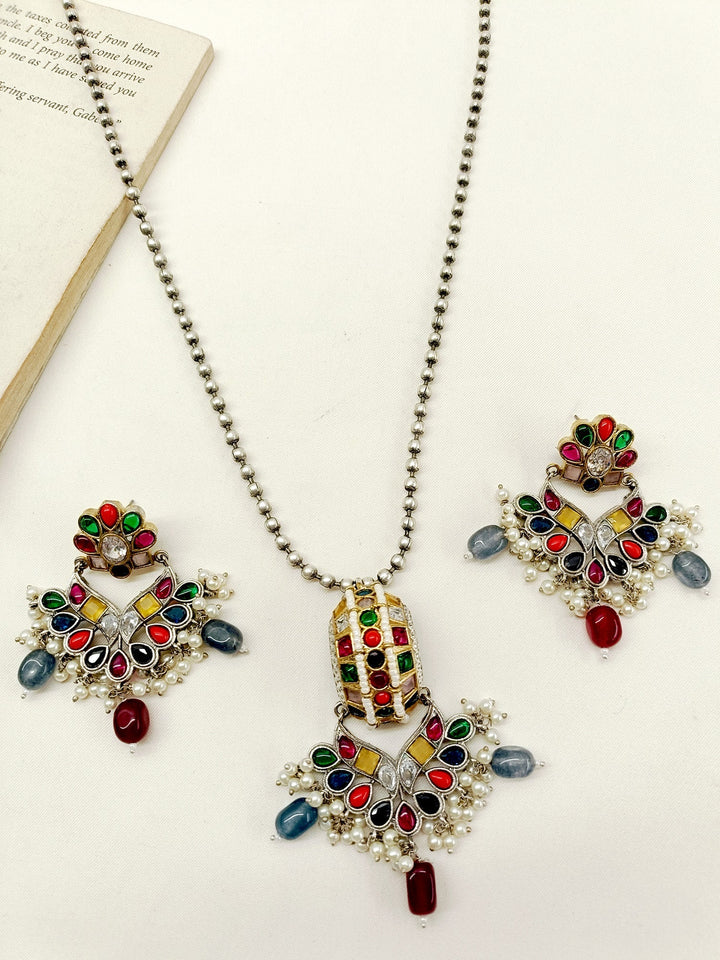 Beata Multi Colour German Silver Oxidized Pendant Set