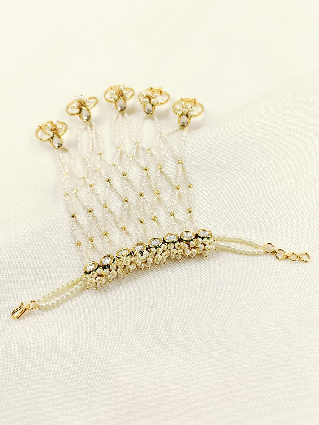 Rageswari White Pearl Kundan Hathphool - Bridal Hand