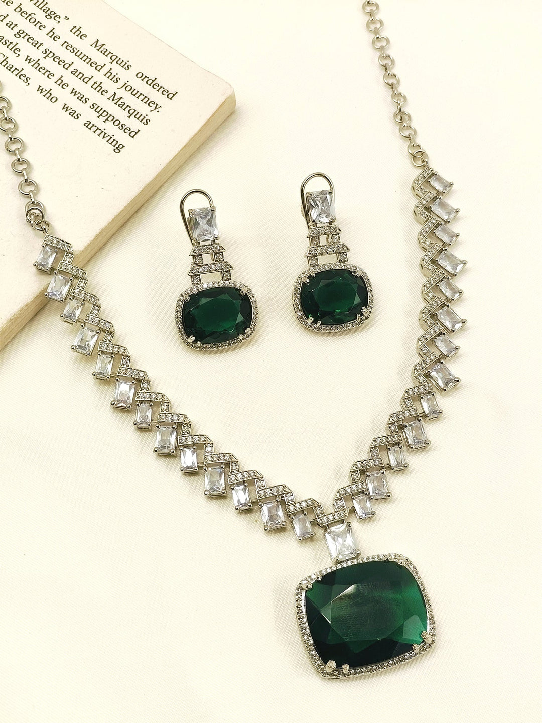 Smeila Green American Diamond Necklace Set