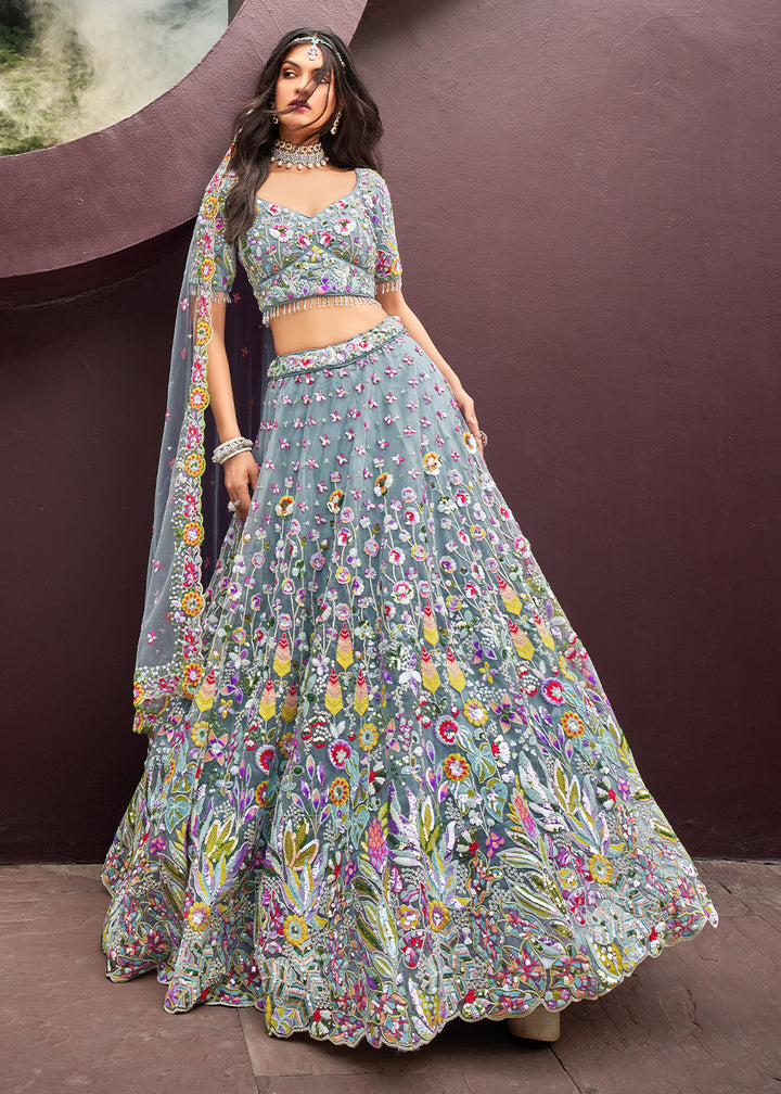 Carnation Blue Net Lehenga Choli Adorned with Cut-Dana & Handwork Embroidery: The Bride's Edit