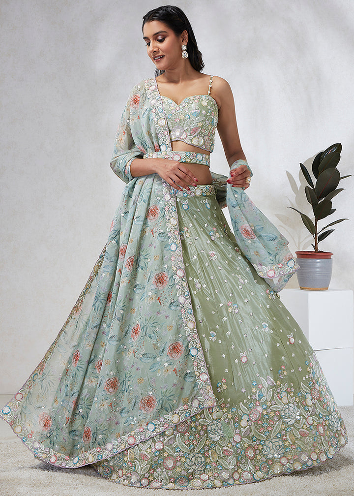 Sage Green Silk Chiffon Lehenga Choli Adorned with Sequins & Thread Embroidery